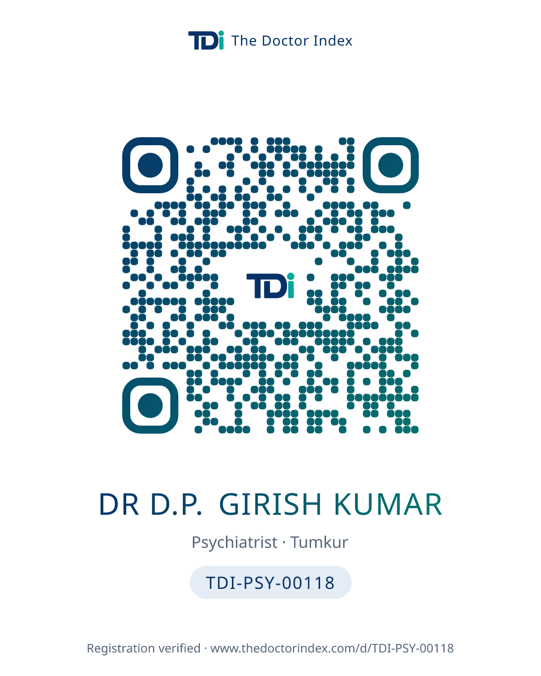 QR card for Dr D.P. Girish Kumar, TDI-PSY-00118