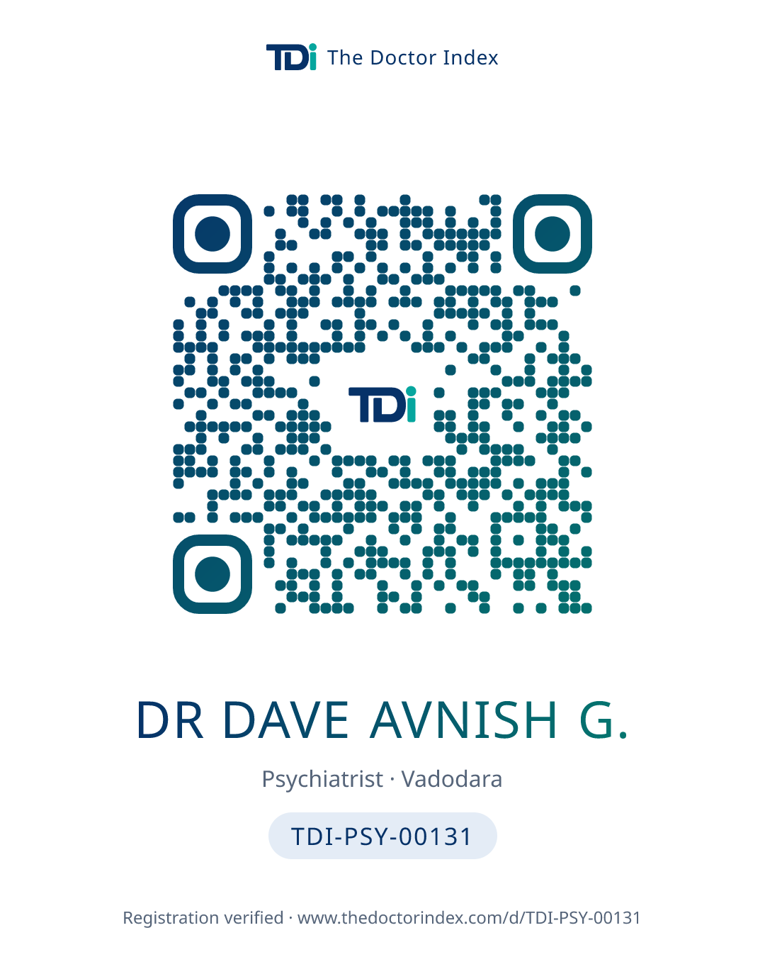 QR card for Dr Dave Avnish G., TDI-PSY-00131