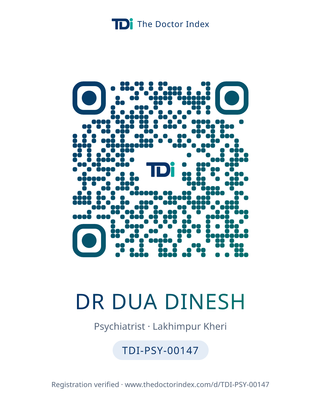 QR card for Dr Dua Dinesh, TDI-PSY-00147