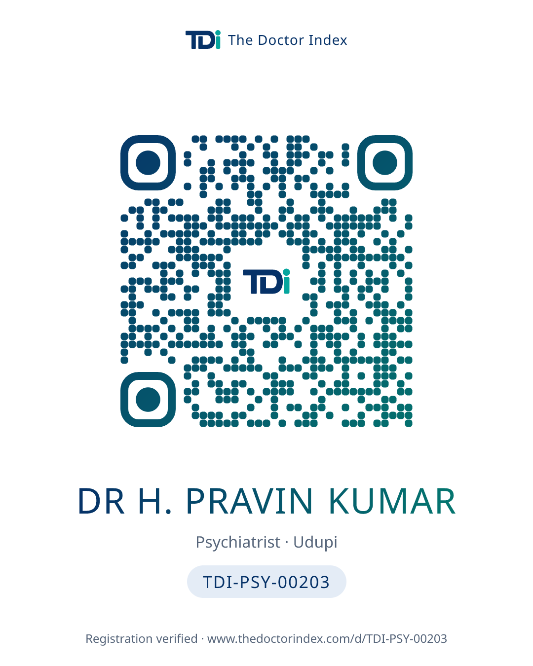 QR card for Dr H. Pravin Kumar, TDI-PSY-00203