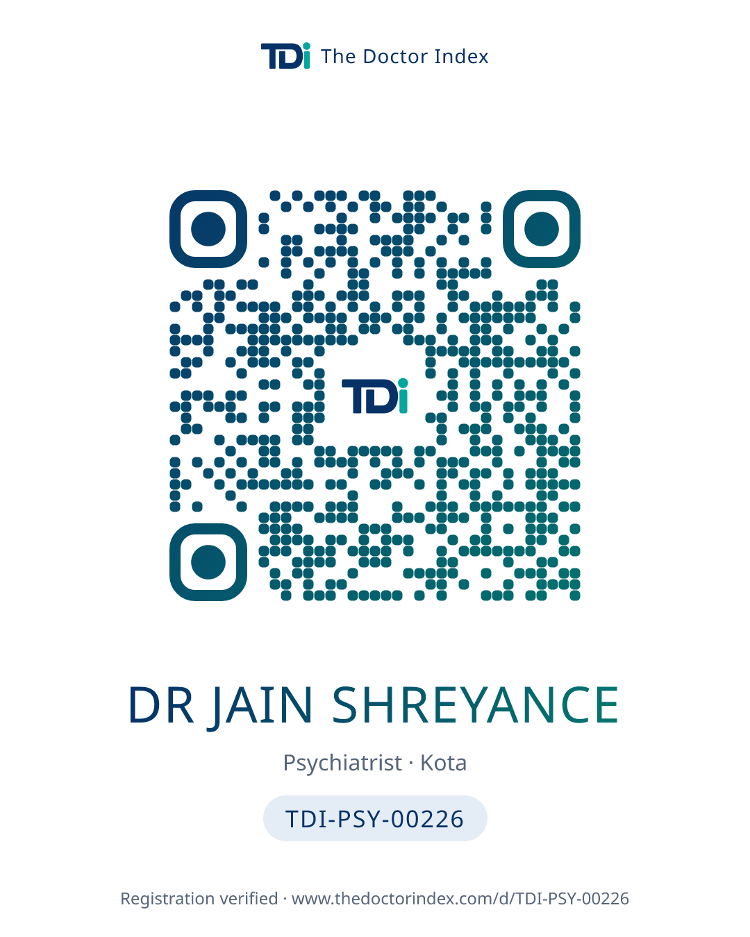 QR card for Dr Jain Shreyance, TDI-PSY-00226