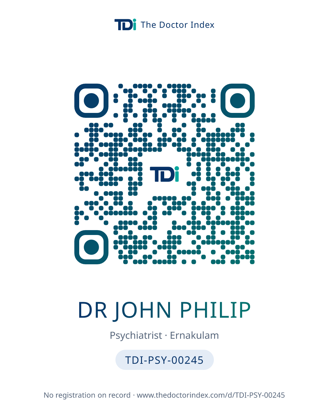 QR card for Dr John Philip, TDI-PSY-00245