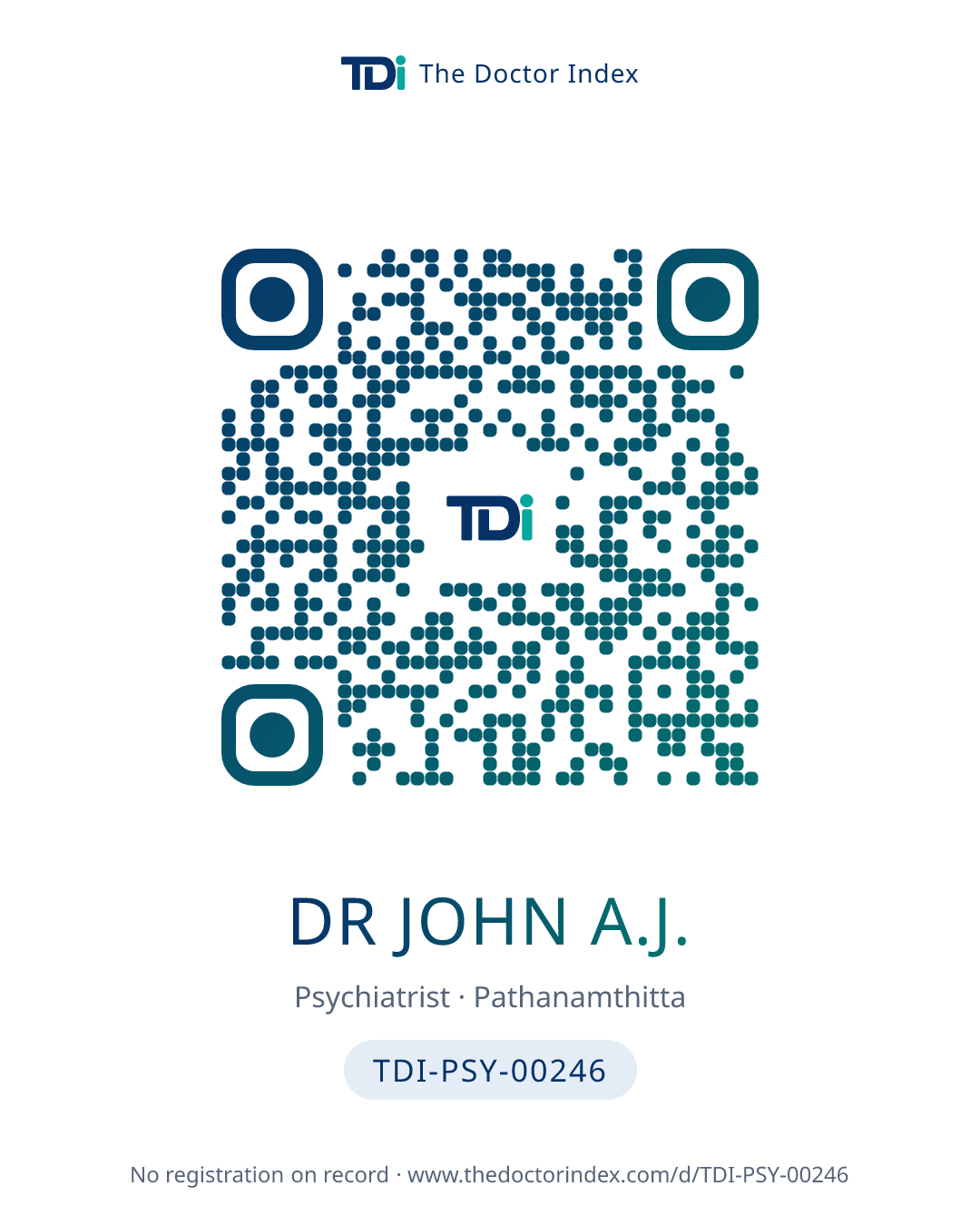 QR card for Dr John A.J., TDI-PSY-00246