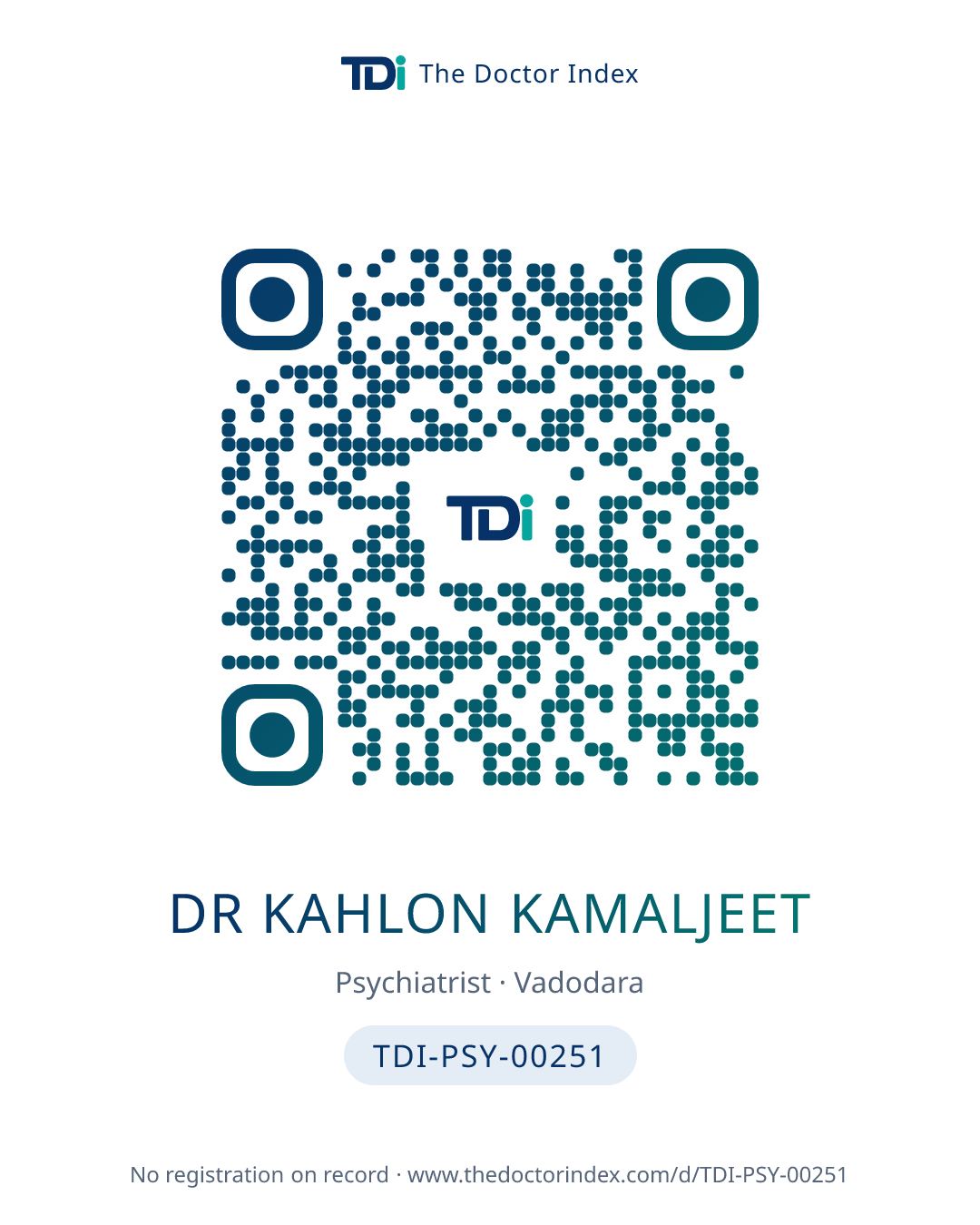 QR card for Dr Kahlon Kamaljeet, TDI-PSY-00251