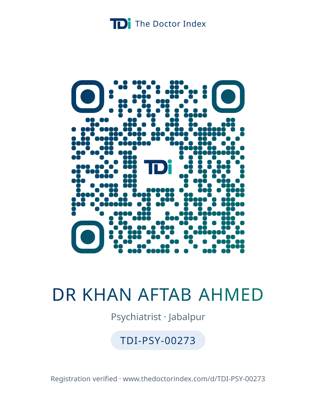 QR card for Dr Khan Aftab Ahmed, TDI-PSY-00273