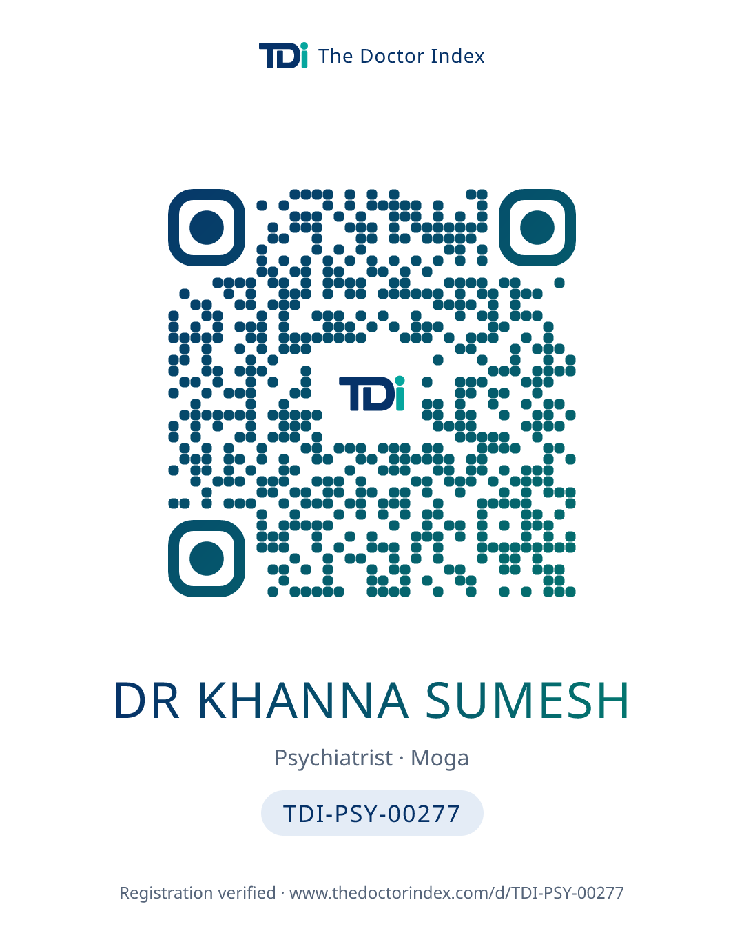 QR card for Dr Khanna Sumesh, TDI-PSY-00277