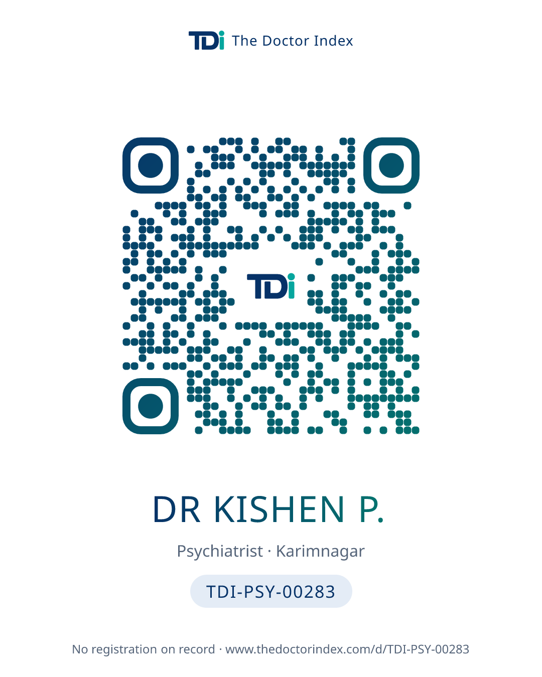 QR card for Dr Kishen P., TDI-PSY-00283