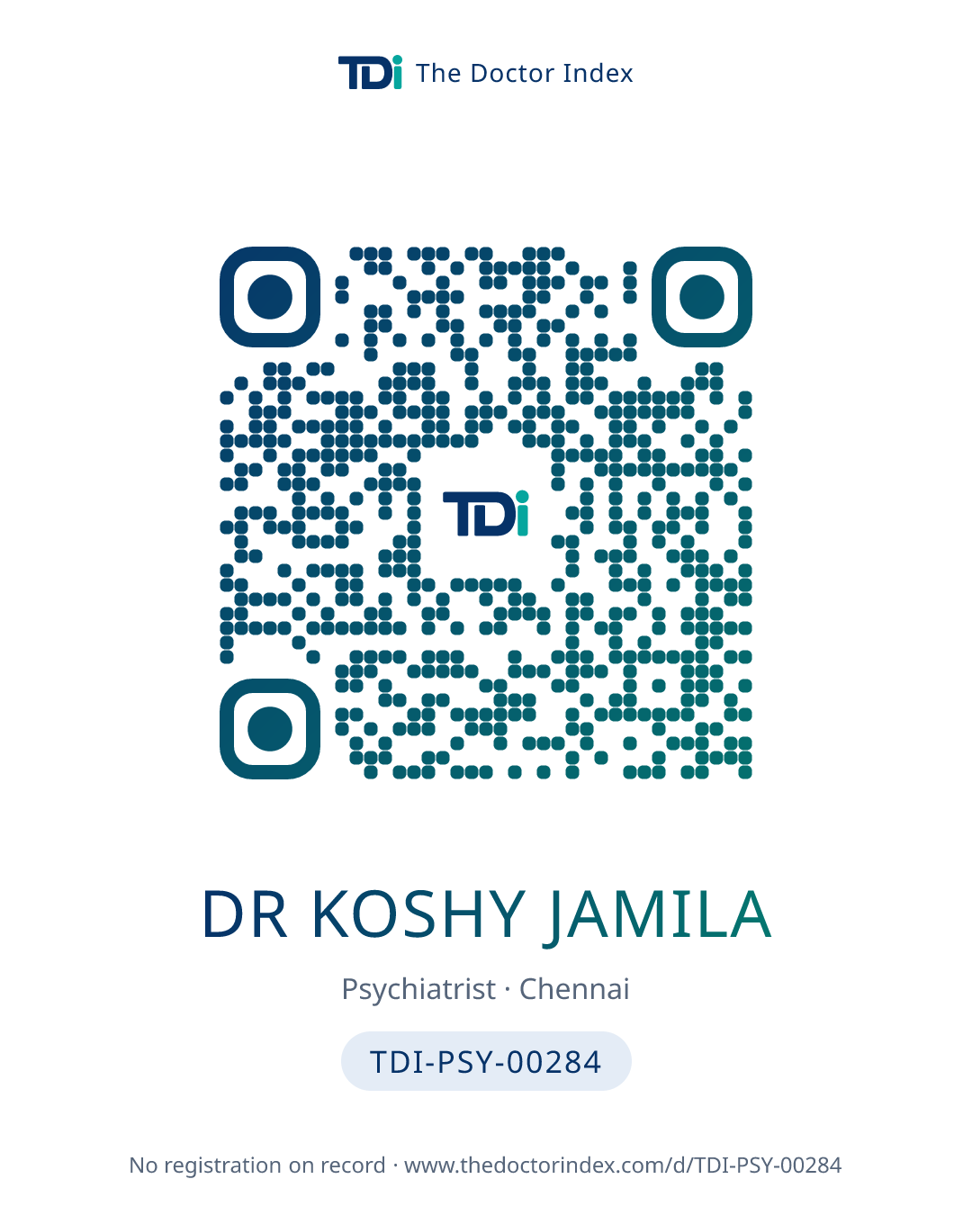 QR card for Dr Koshy Jamila, TDI-PSY-00284