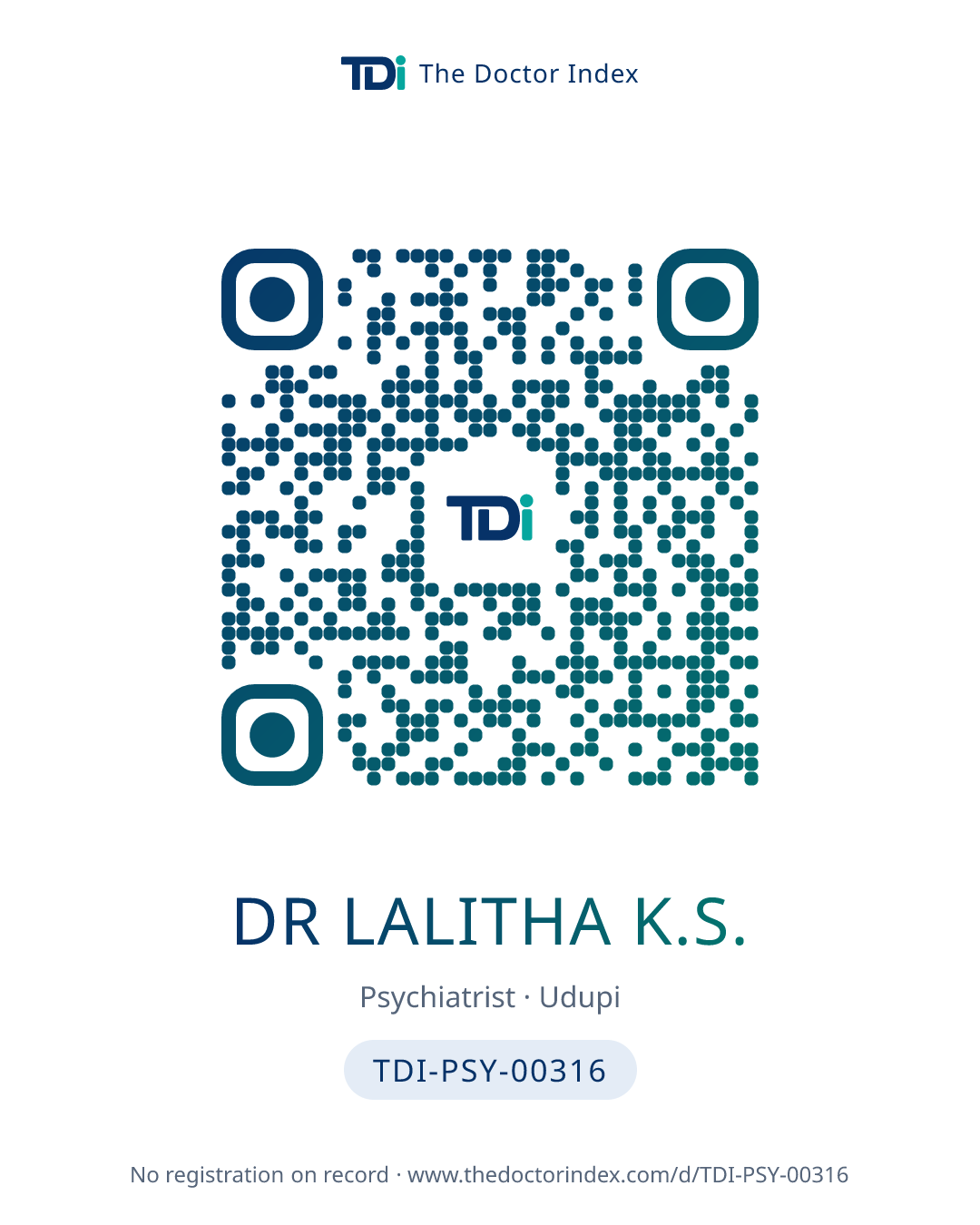 QR card for Dr Lalitha K.S., TDI-PSY-00316
