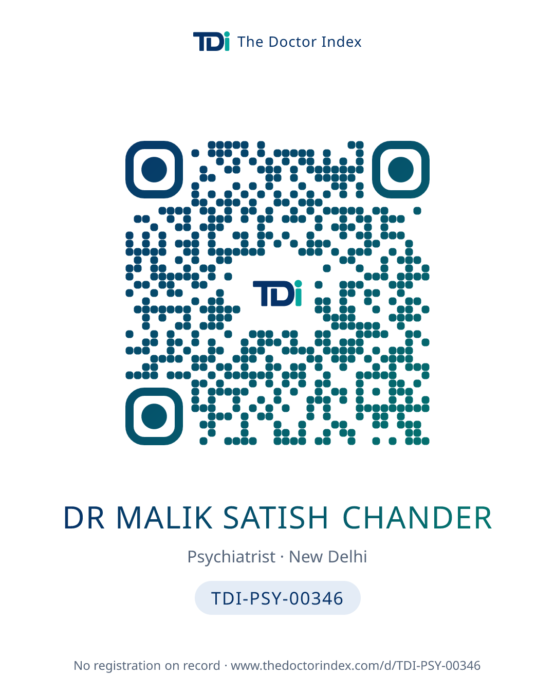 QR card for Dr Malik Satish Chander, TDI-PSY-00346