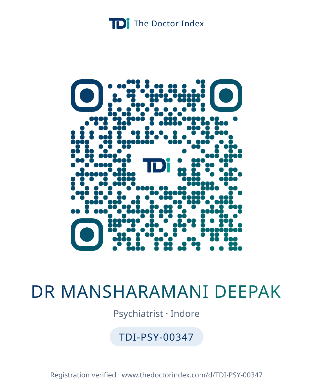 QR card for Dr Mansharamani Deepak, TDI-PSY-00347