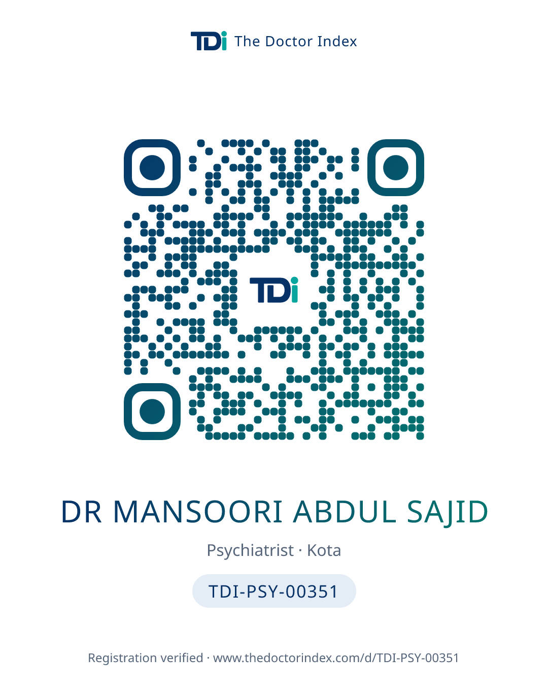 QR card for Dr Mansoori Abdul Sajid, TDI-PSY-00351