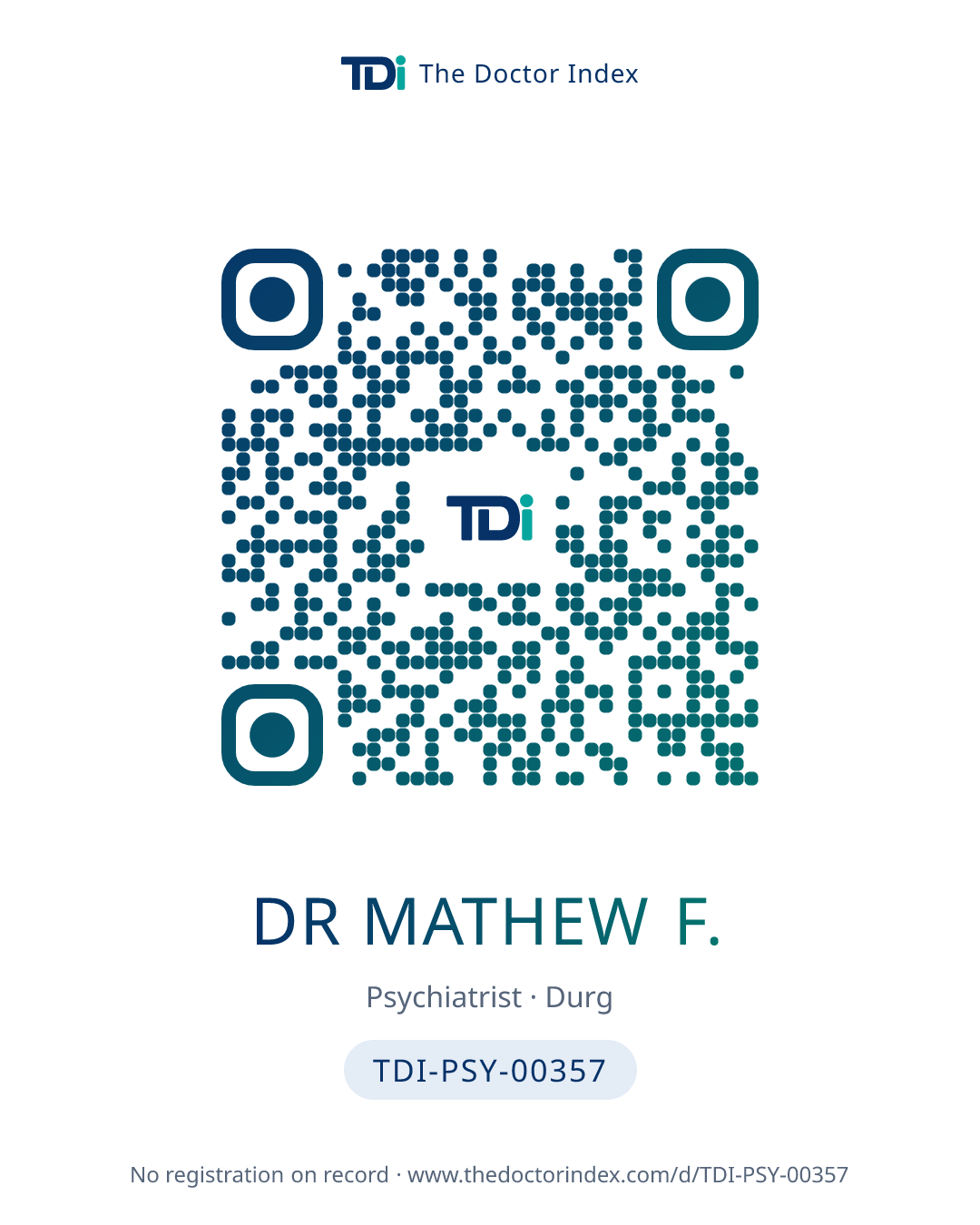 QR card for Dr Mathew F., TDI-PSY-00357