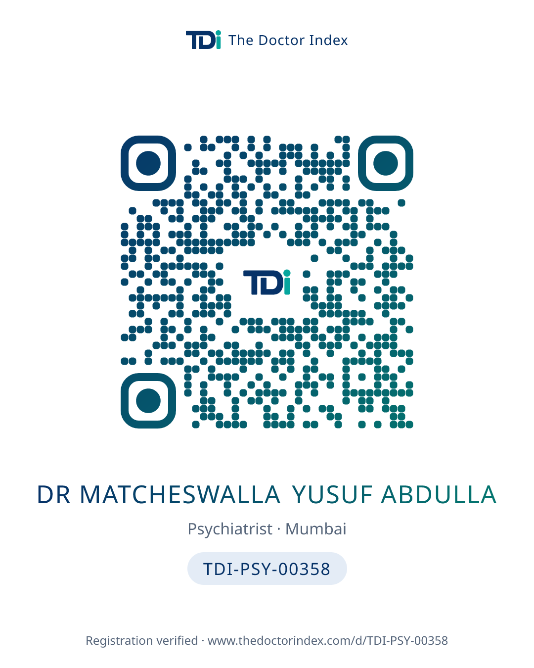 QR card for Dr Matcheswalla Yusuf Abdulla, TDI-PSY-00358