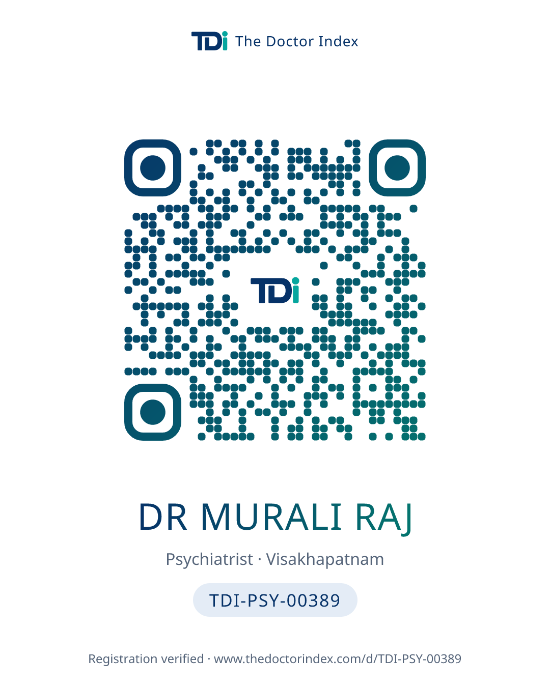 QR card for Dr Murali Raj, TDI-PSY-00389