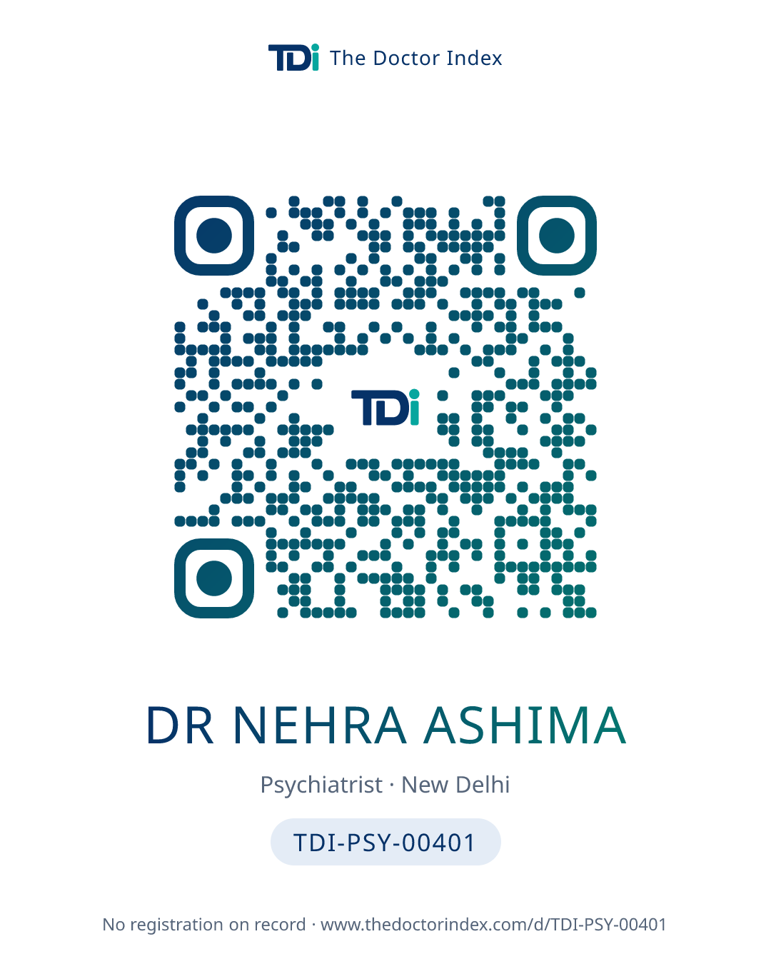 QR card for Dr Nehra Ashima, TDI-PSY-00401