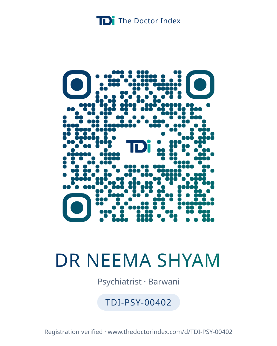 QR card for Dr Neema Shyam, TDI-PSY-00402