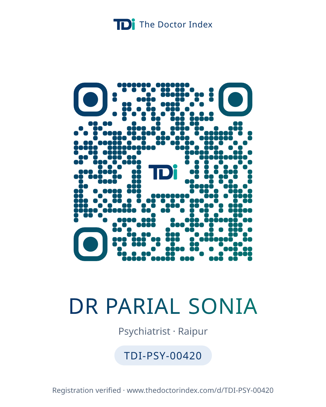 QR card for Dr Parial Sonia, TDI-PSY-00420