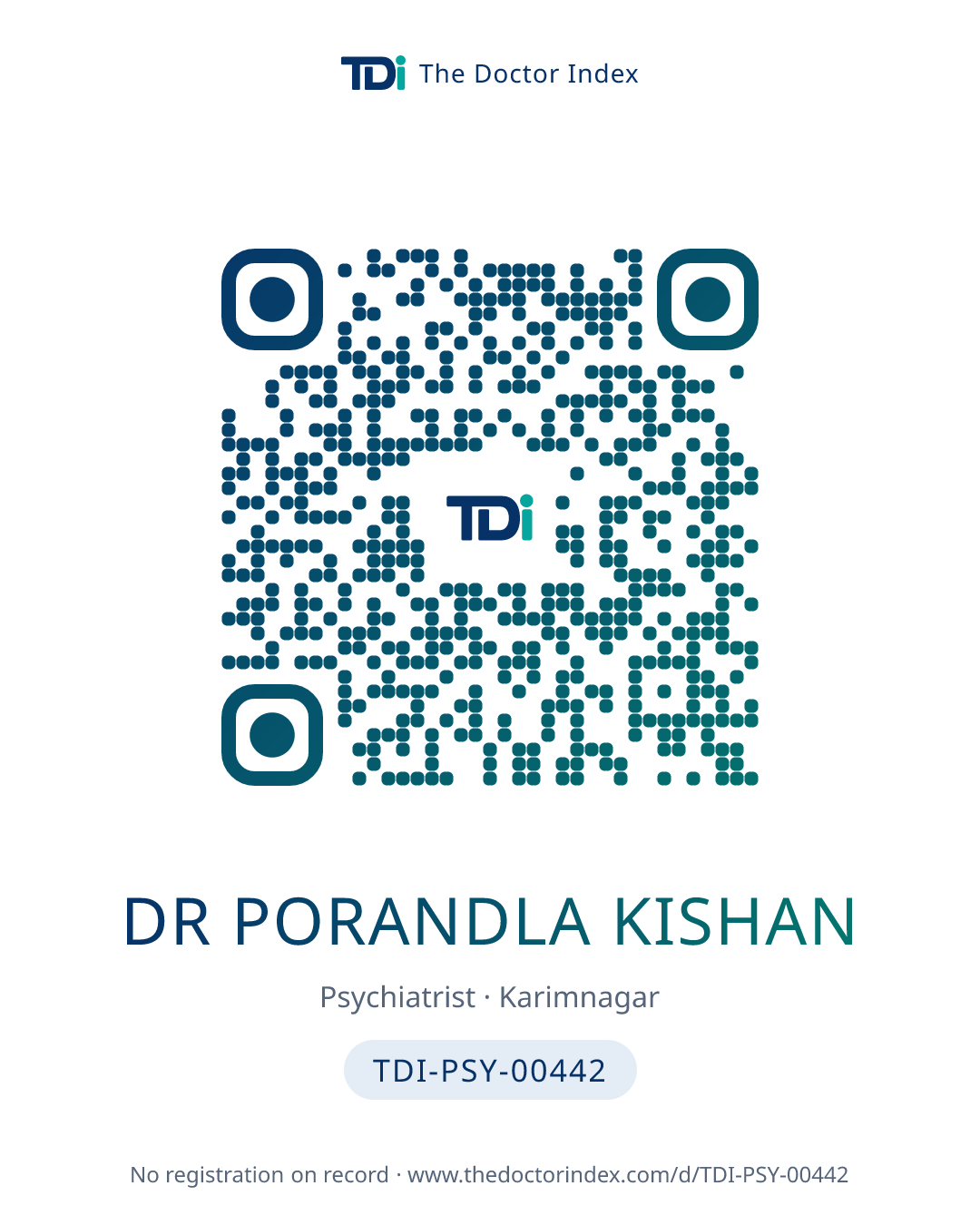 QR card for Dr Porandla Kishan, TDI-PSY-00442