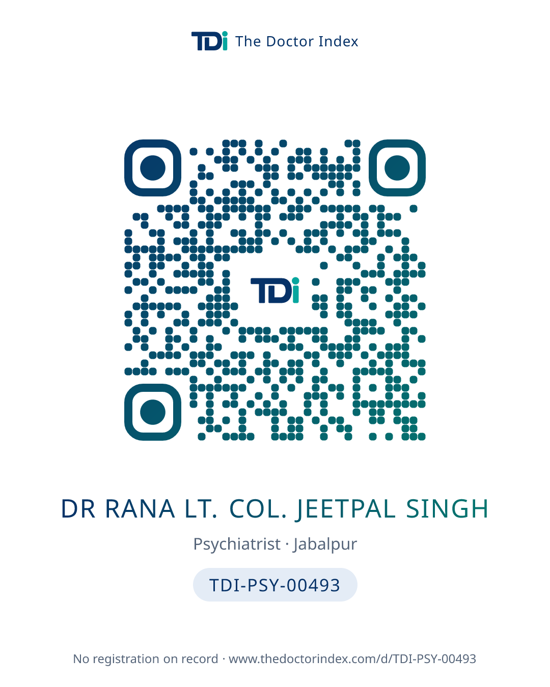 QR card for Dr Rana Lt. Col. Jeetpal Singh, TDI-PSY-00493