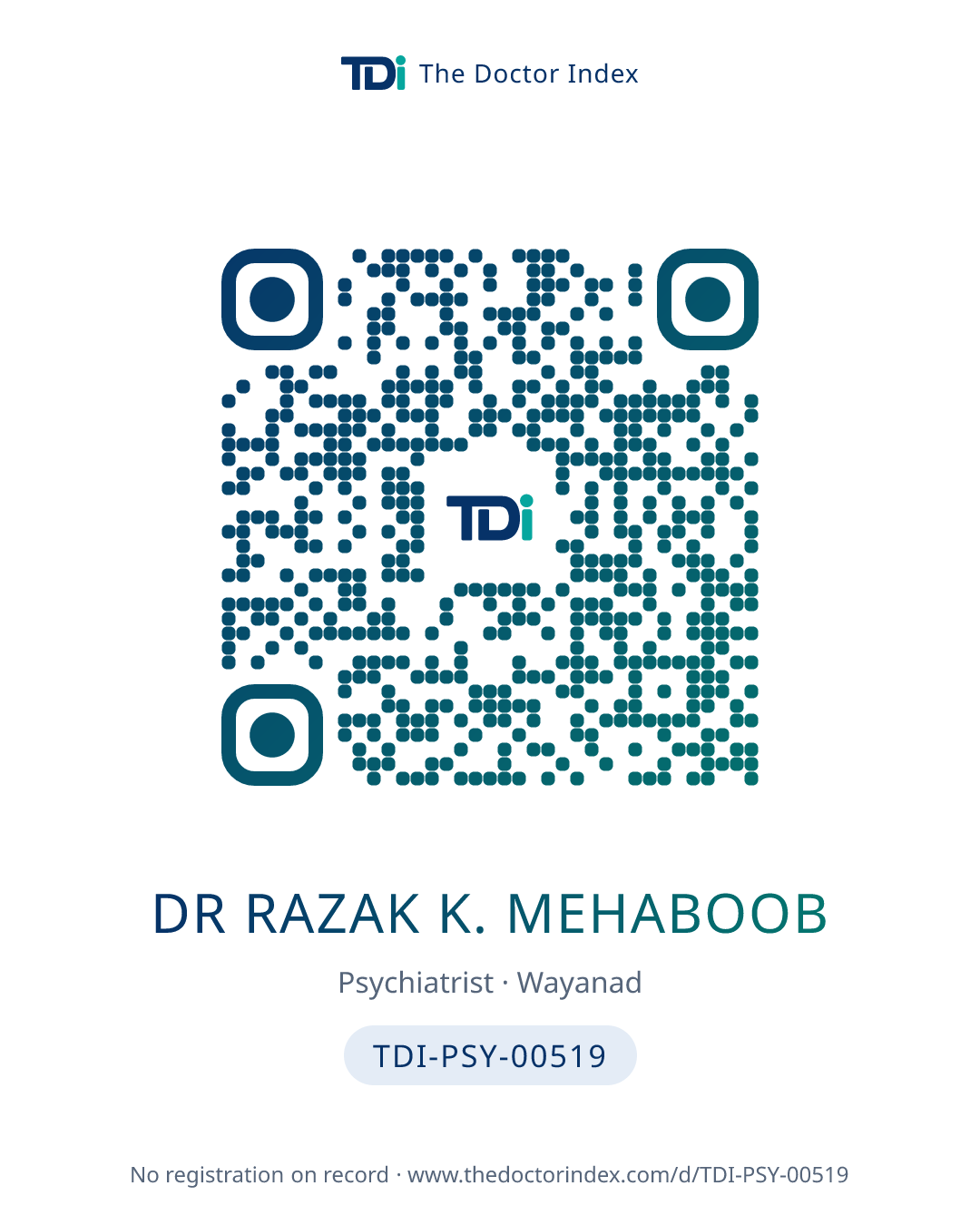 QR card for Dr Razak K. Mehaboob, TDI-PSY-00519