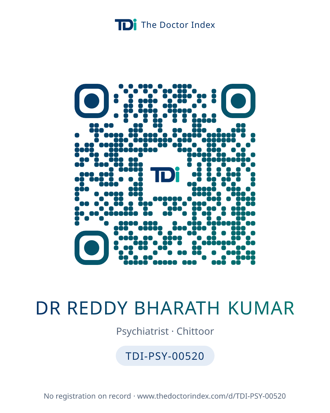QR card for Dr Reddy Bharath Kumar, TDI-PSY-00520