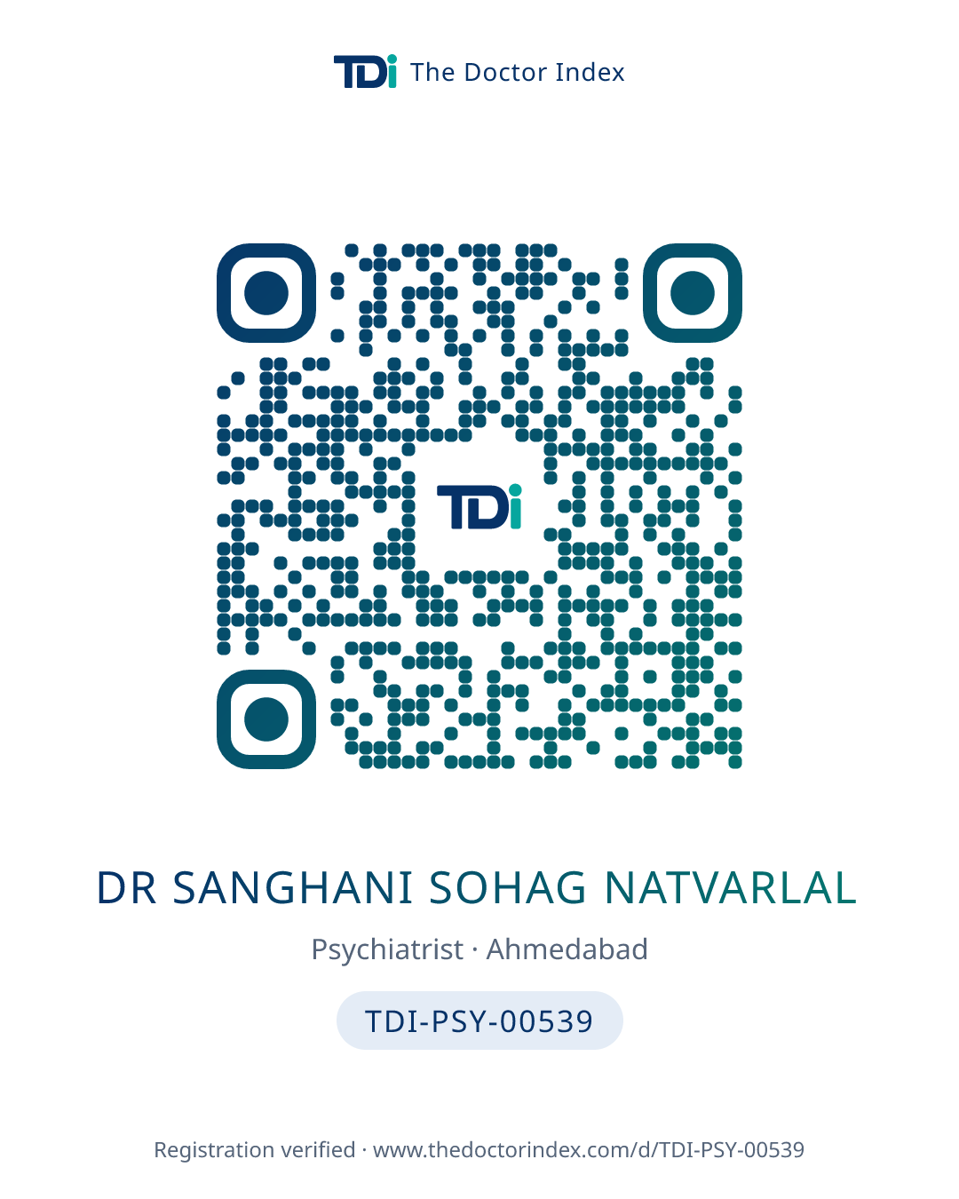 QR card for Dr Sanghani Sohag Natvarlal, TDI-PSY-00539