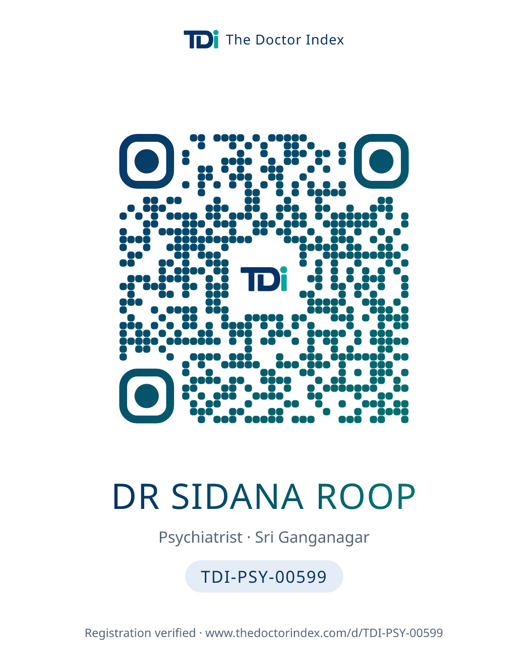 QR card for Dr Sidana Roop, TDI-PSY-00599