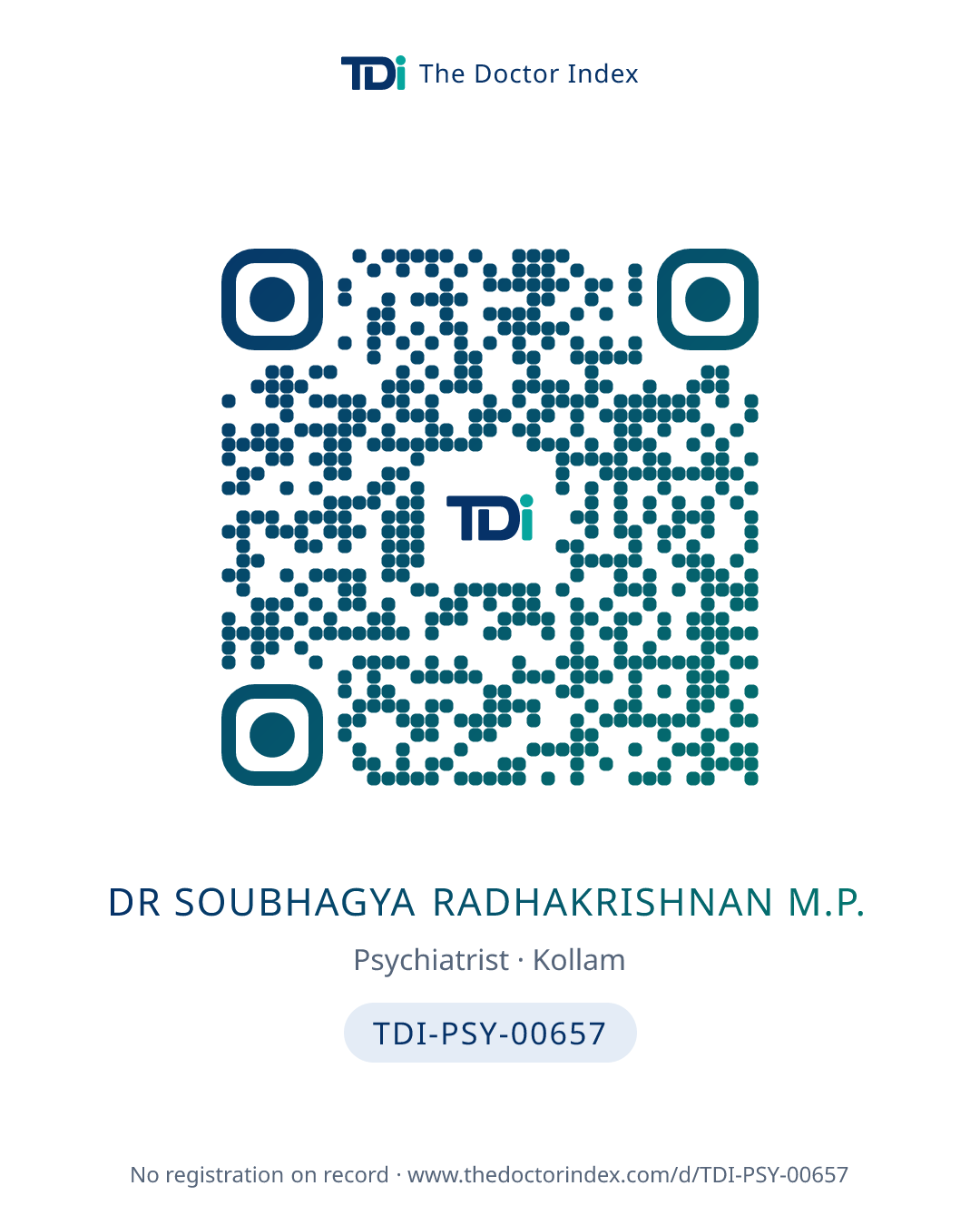 QR card for Dr Soubhagya Radhakrishnan M.P., TDI-PSY-00657