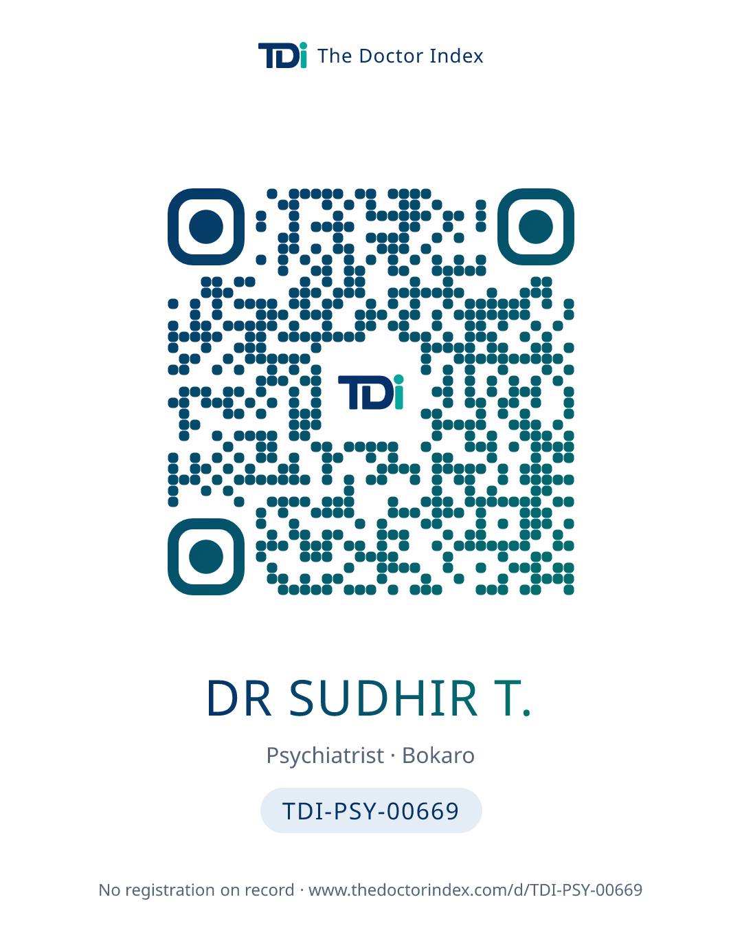 QR card for Dr Sudhir T., TDI-PSY-00669