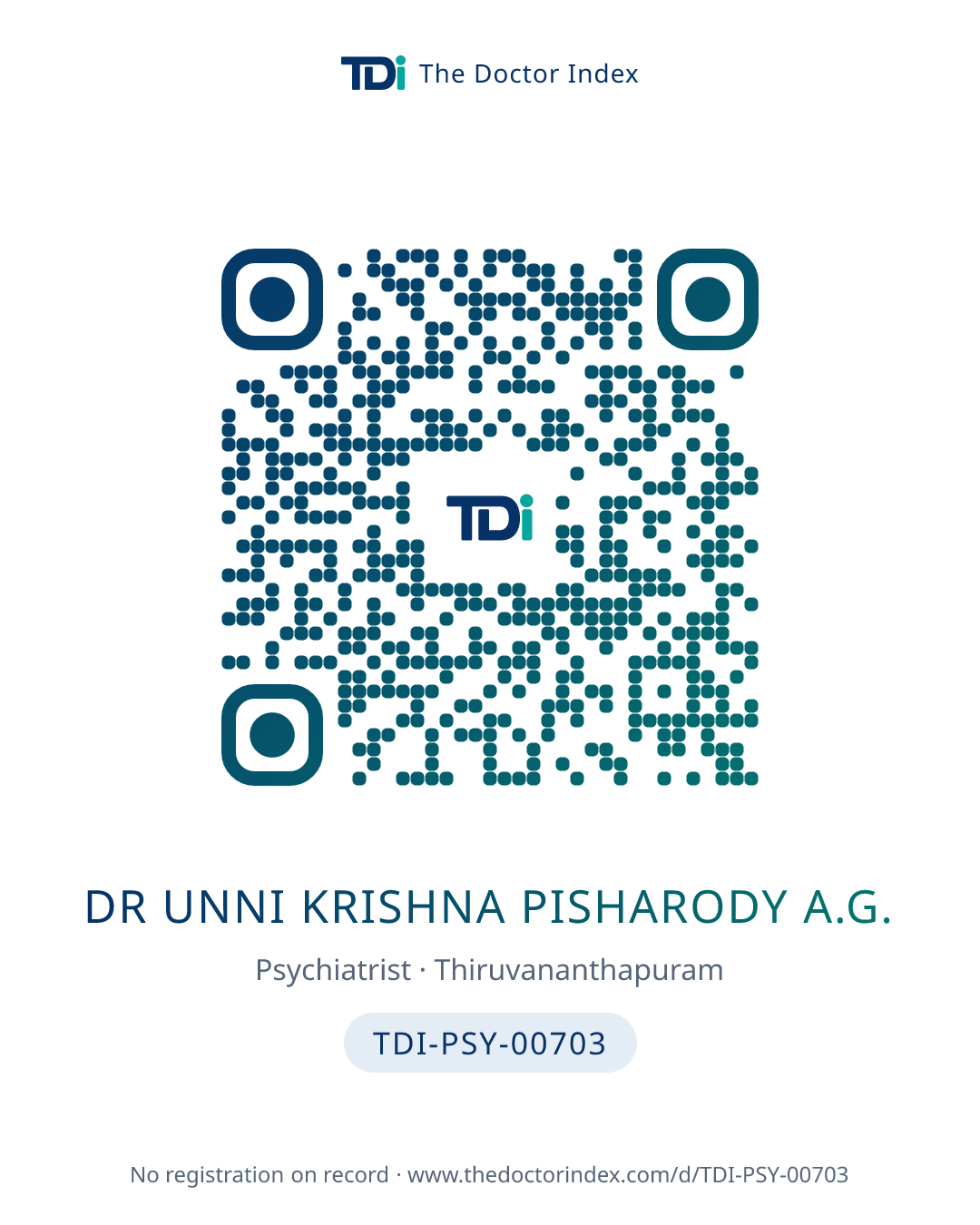QR card for Dr Unni Krishna Pisharody A.G., TDI-PSY-00703