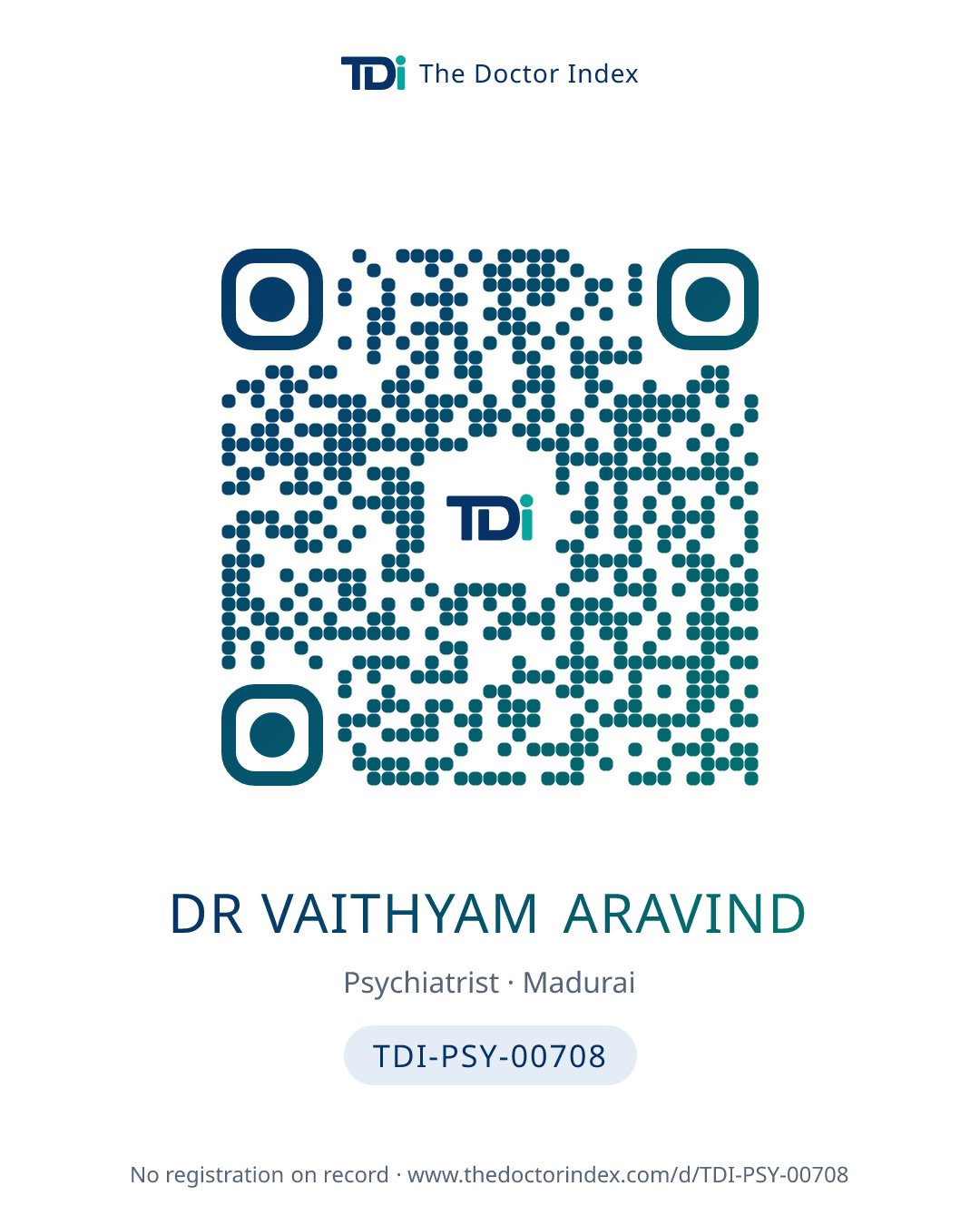QR card for Dr Vaithyam Aravind, TDI-PSY-00708