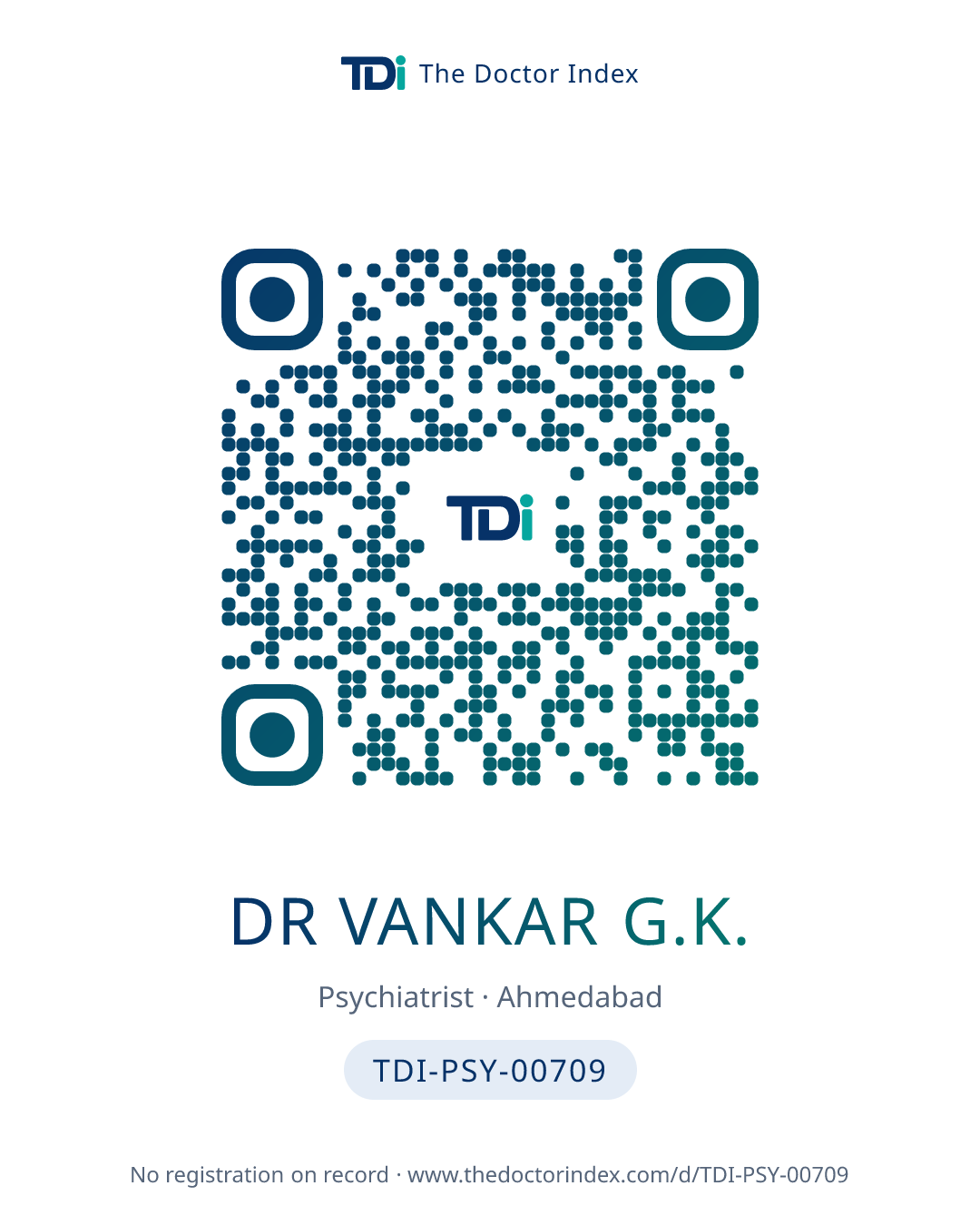 QR card for Dr Vankar G.K., TDI-PSY-00709