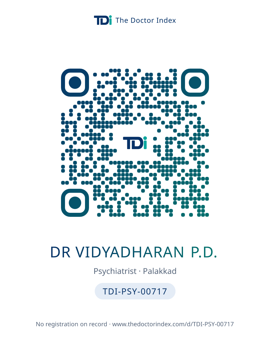 QR card for Dr Vidyadharan P.D., TDI-PSY-00717