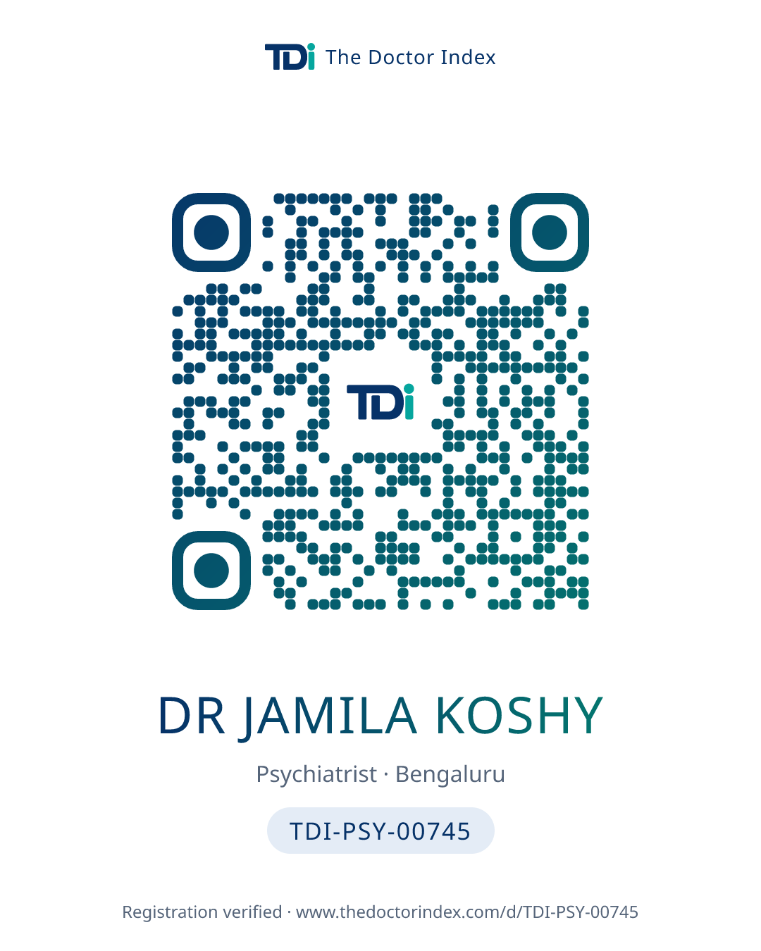 QR card for Dr Jamila Koshy, TDI-PSY-00745