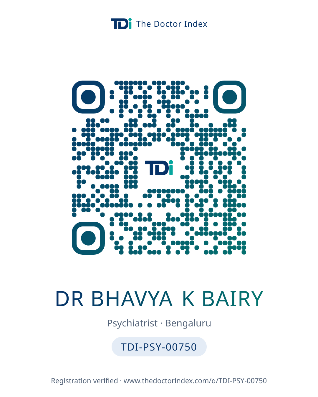 QR card for Dr Bhavya K Bairy, TDI-PSY-00750