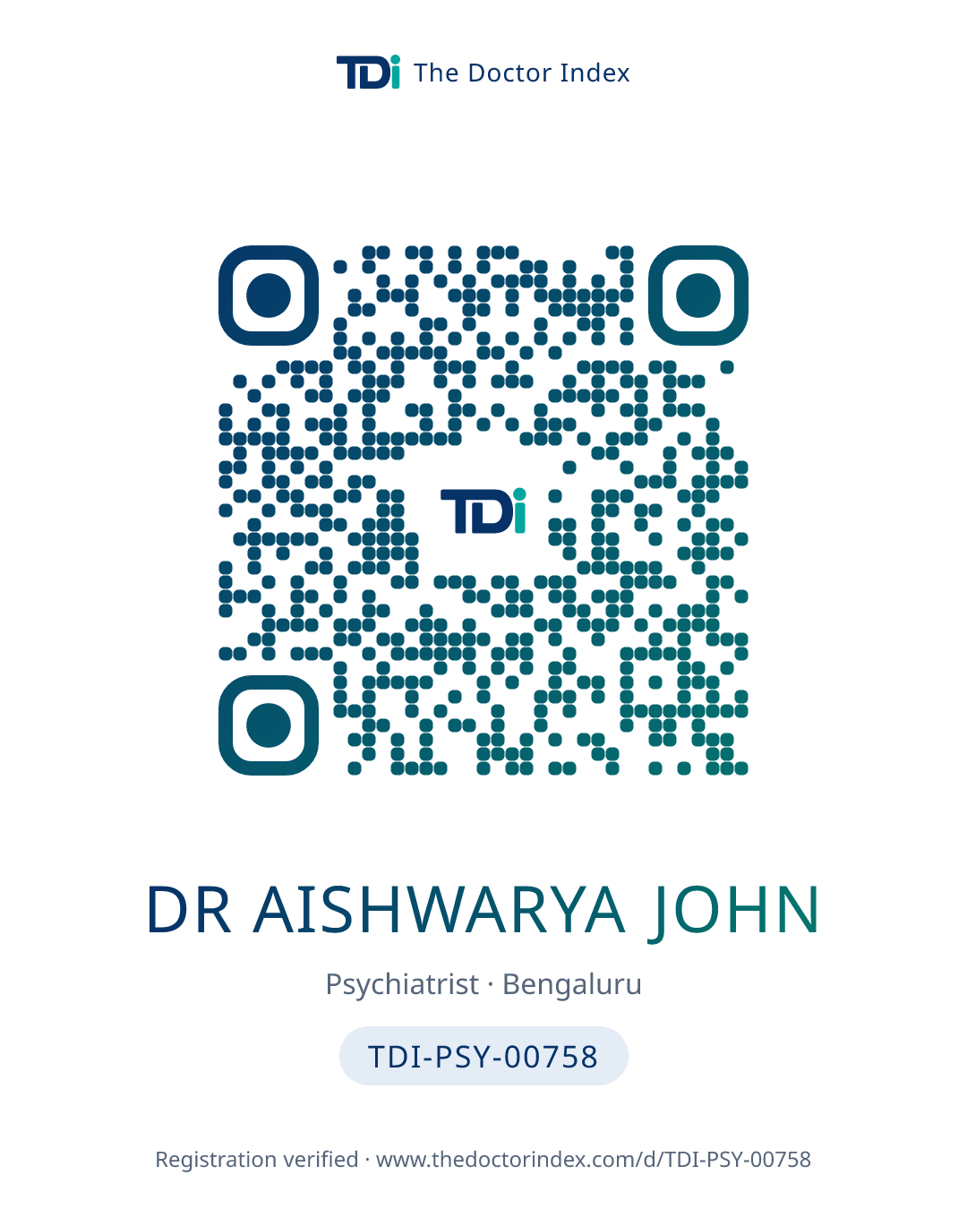 QR card for Dr Aishwarya John, TDI-PSY-00758