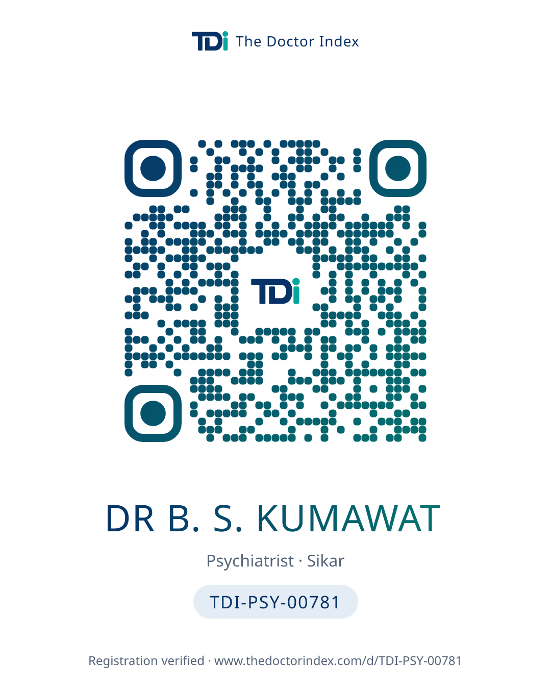 QR card for Dr B. S. Kumawat, TDI-PSY-00781
