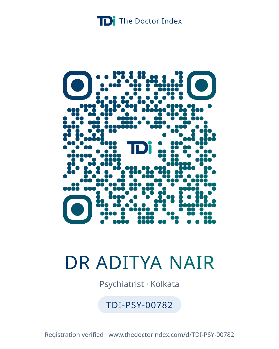 QR card for Dr Aditya Nair, TDI-PSY-00782