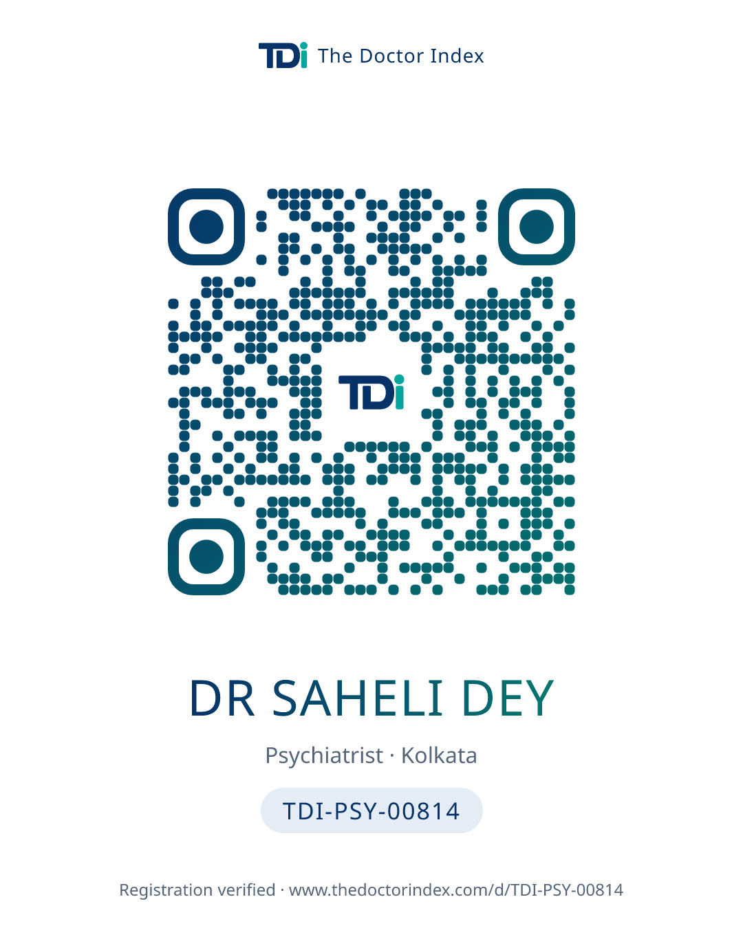 QR card for Dr Saheli Dey, TDI-PSY-00814