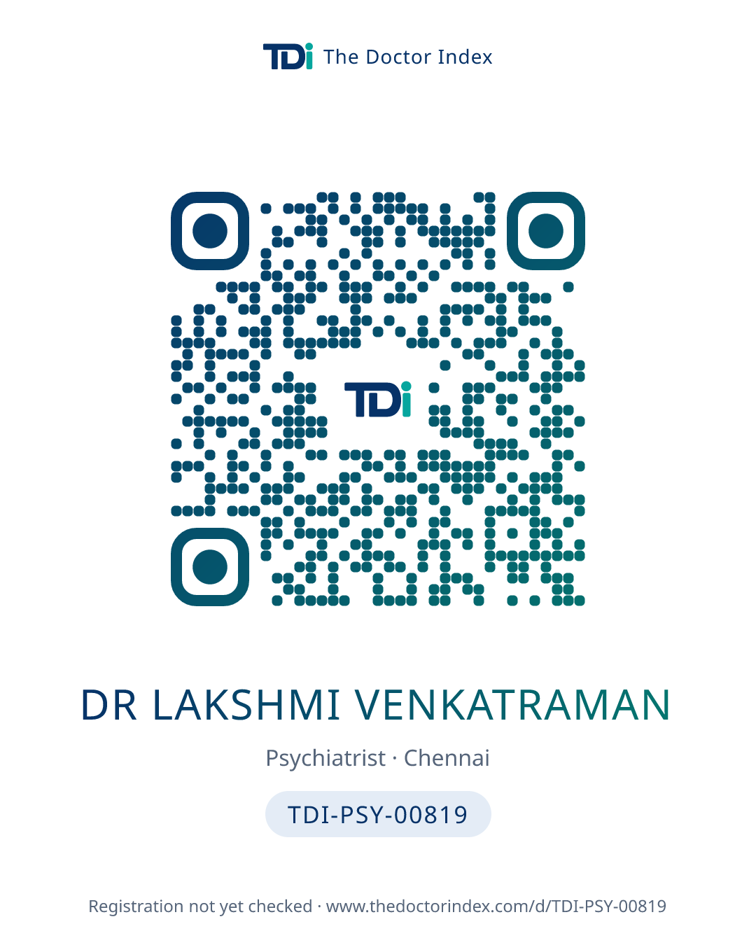 QR card for Dr Lakshmi Venkatraman, TDI-PSY-00819