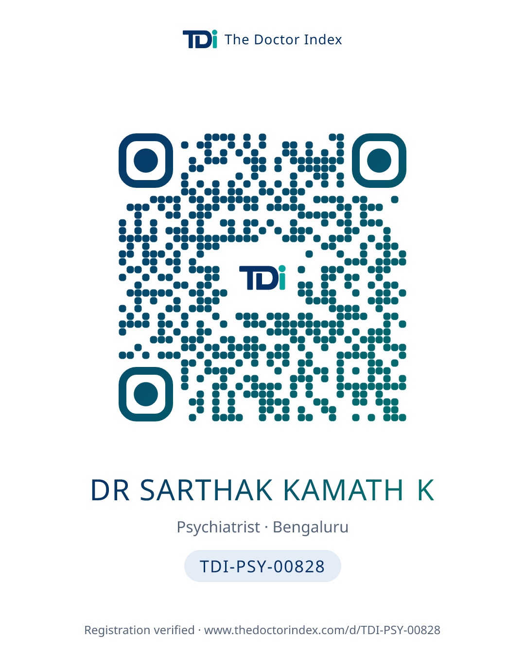 QR card for Dr Sarthak Kamath K, TDI-PSY-00828