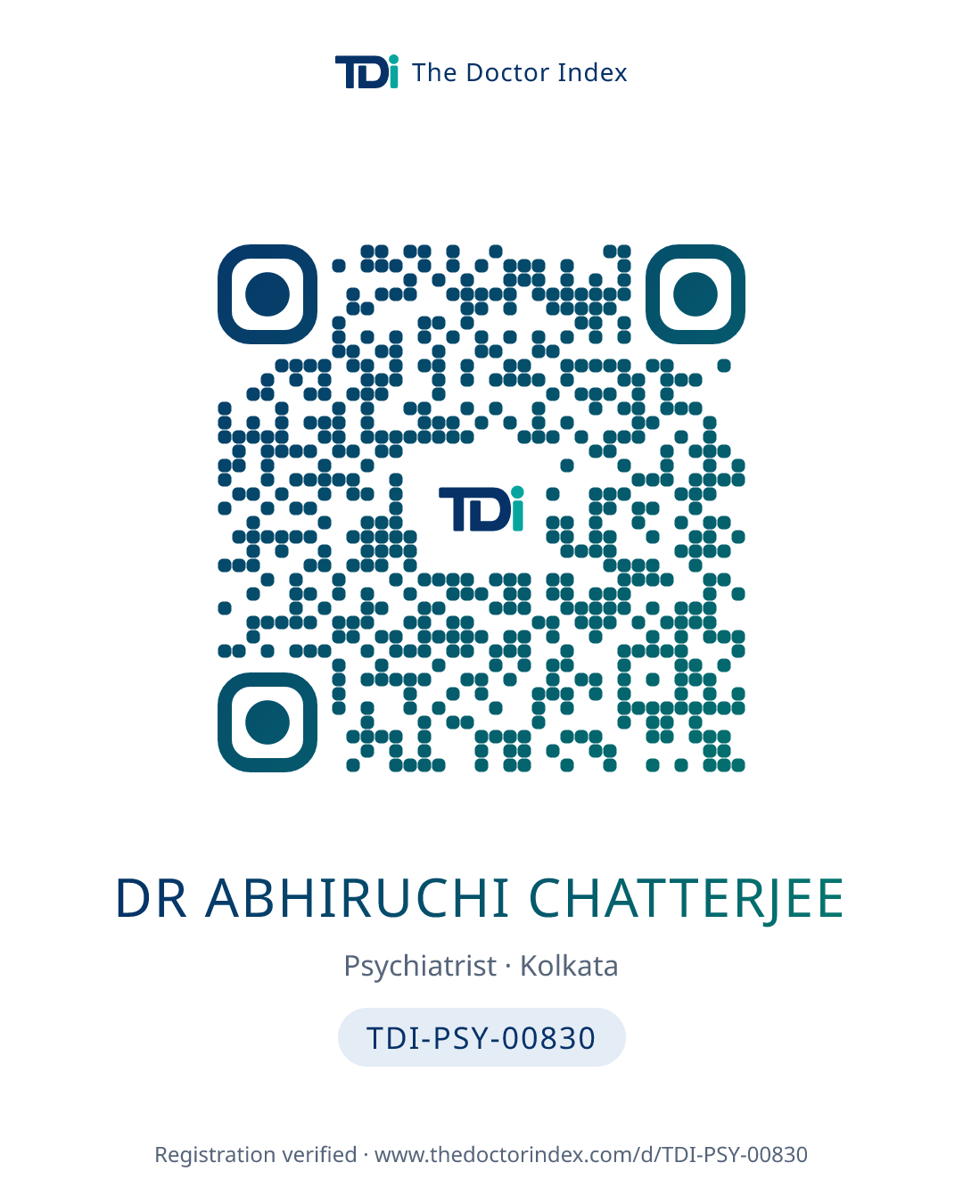 QR card for Dr Abhiruchi Chatterjee, TDI-PSY-00830
