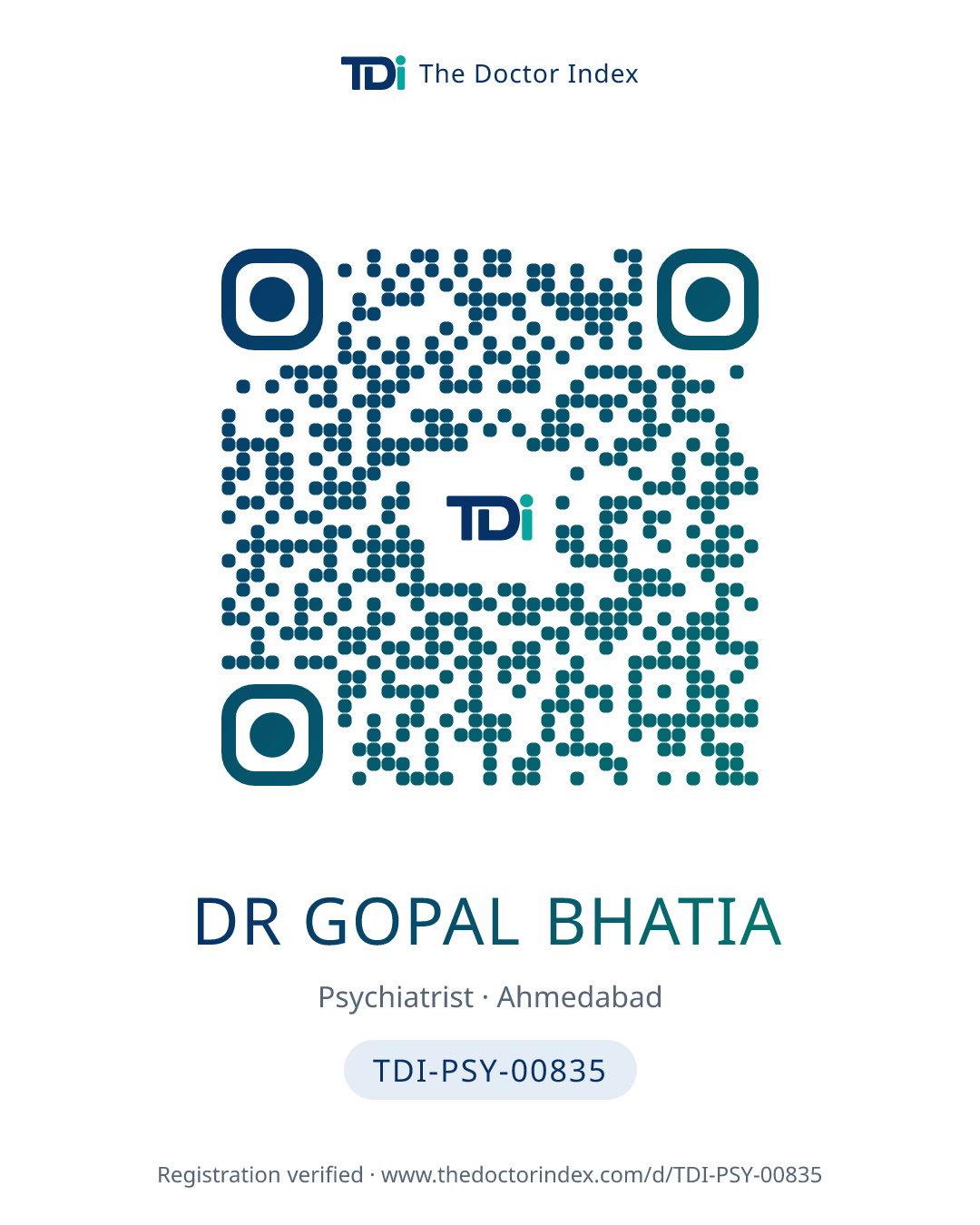 QR card for Dr Gopal Bhatia, TDI-PSY-00835
