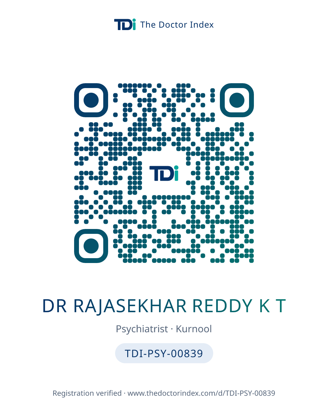 QR card for Dr Rajasekhar Reddy K T, TDI-PSY-00839