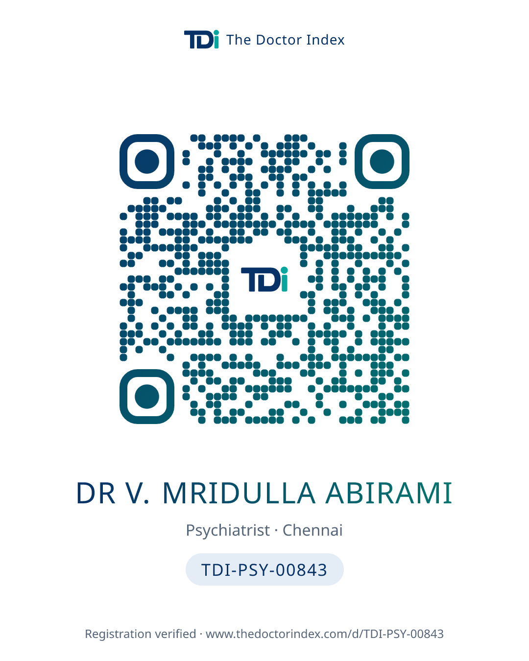 QR card for Dr V. Mridulla Abirami, TDI-PSY-00843