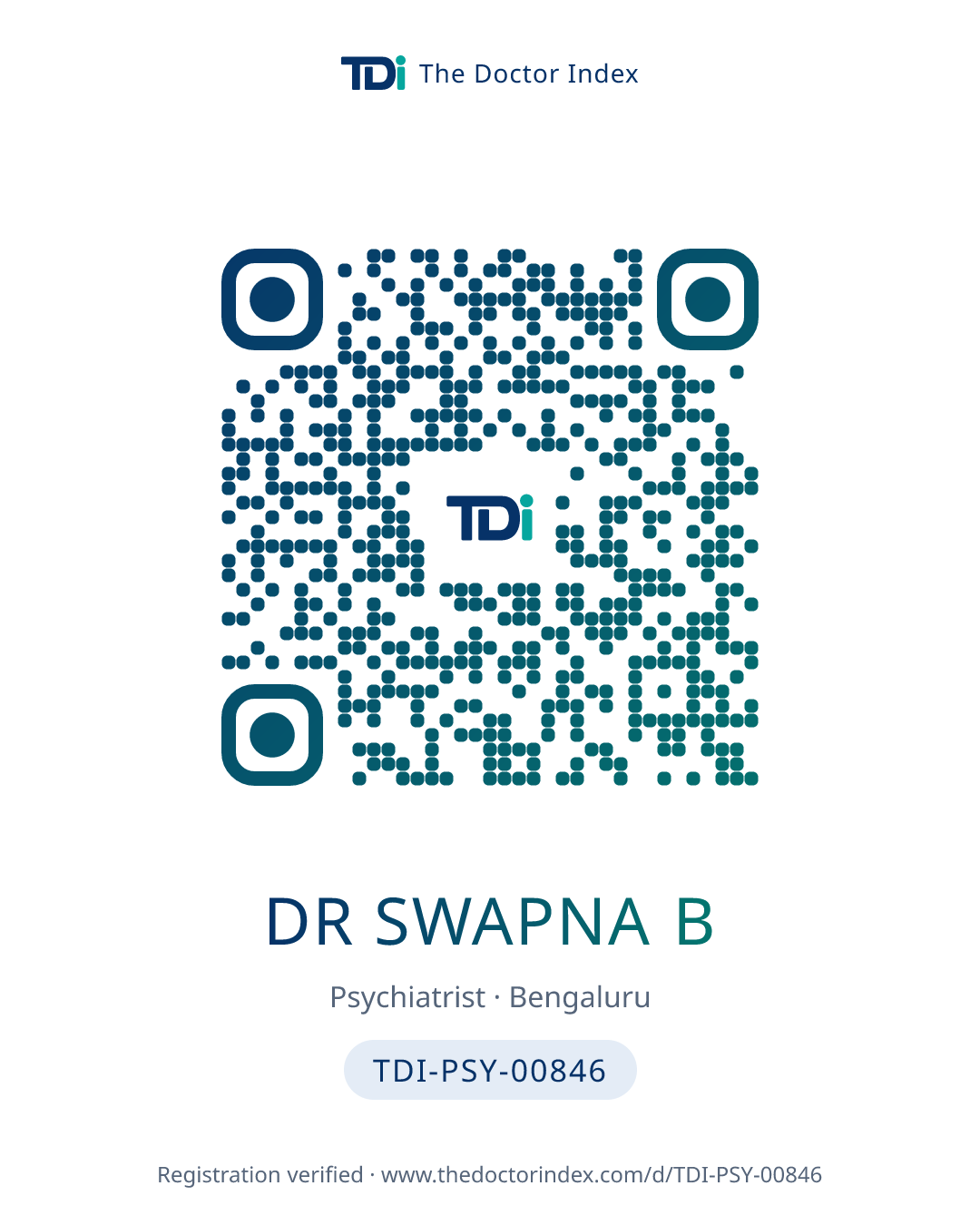 QR card for Dr Swapna B, TDI-PSY-00846