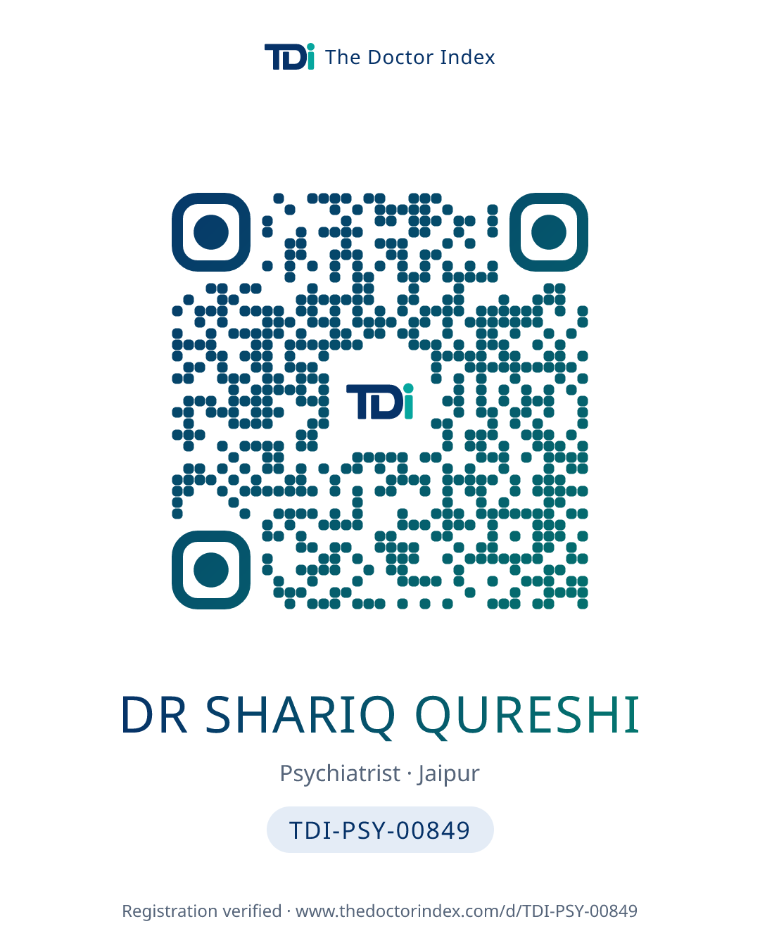 QR card for Dr Shariq Qureshi, TDI-PSY-00849