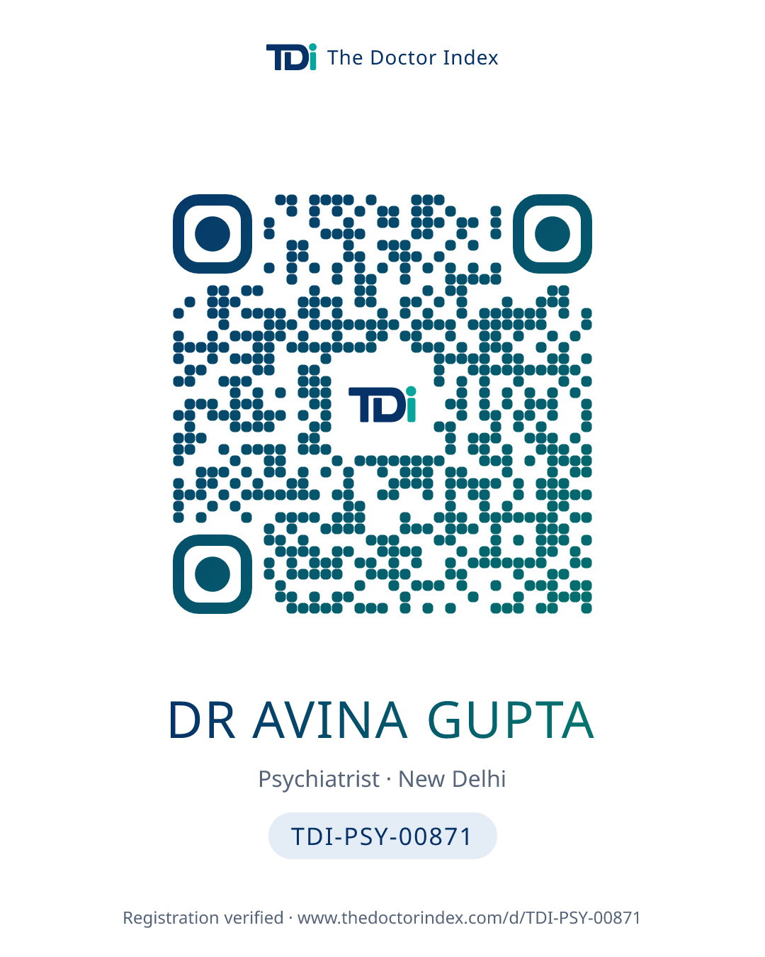 QR card for Dr Avina Gupta, TDI-PSY-00871