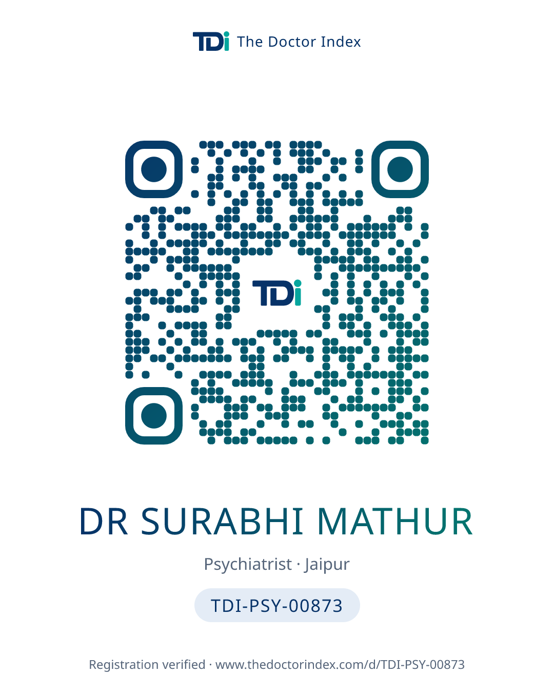 QR card for Dr Surabhi Mathur, TDI-PSY-00873